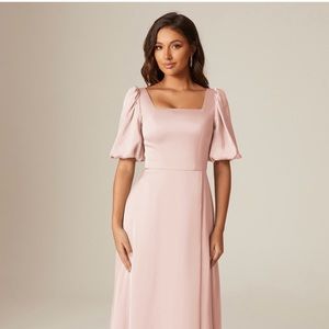Stunning pearl pink bridesmaid dress with elegant sleeves
